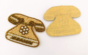 Retro Telephone Beaded Applique, Hand Embroidered In Beige, Bronze And Beige Beads
